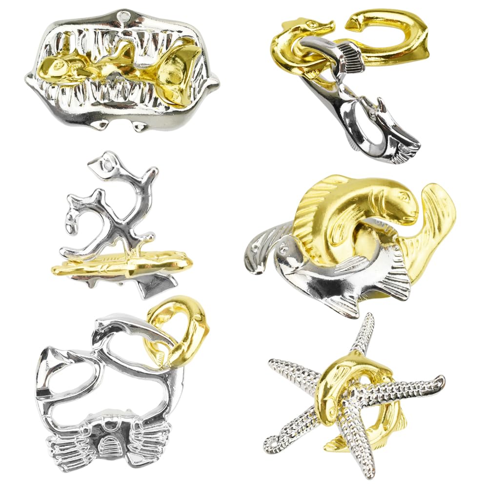 

[Кольцо-головоломка] Набор головоломок «Морские существа» для взрослых, золото и серебро, с изображением рыб, акулы, морской звезды, коралла, краба и морского конька, идеально для