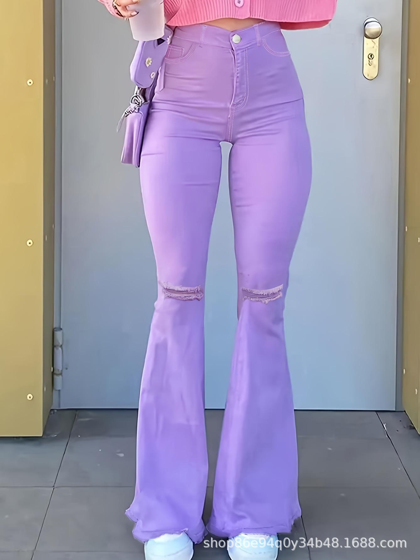 Light Purple Elastic Flare Ripped Denim Pants L/8-10