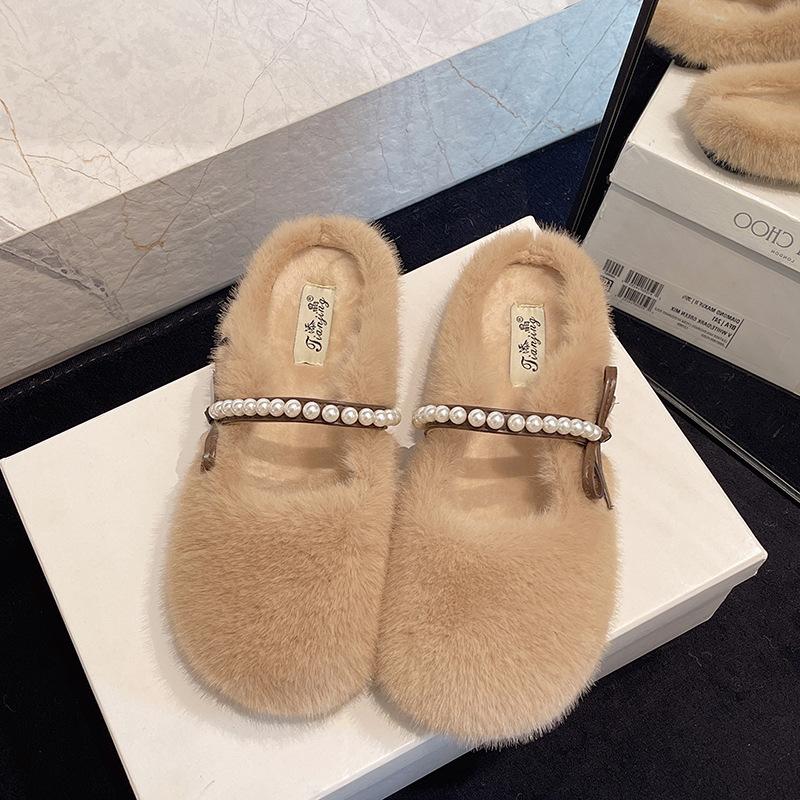 2025 New One-pedal Fluffy Shoes for Women's Autumn and Winter Outer Wear Fleece Single Shoes Flat-soled Large-size Warm Doudou Shoes