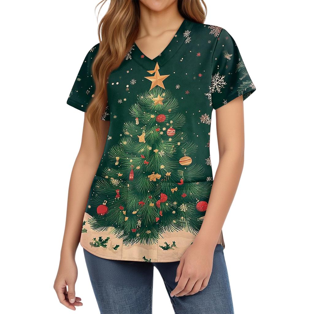 Women's Fashion V-Neck Short Sleeve Overalls With Pockets Christmas Printed Tops  Clothes