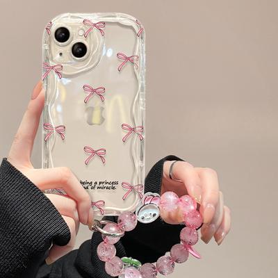 Apple 15" mobilā tālruņa maciņš iPhone 14/13 Promax rozā bantītes aprocei 11/12 caurspīdīgam silikonam XS