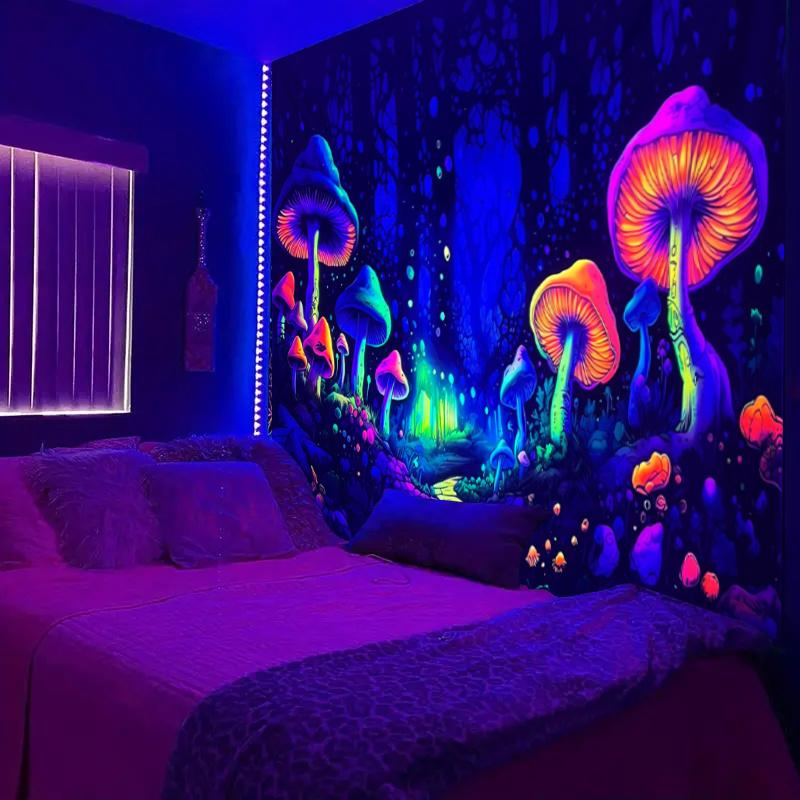 1pc Fluorescent mushroom forest planet black light tapestry, UV neon light tapestry, room wall decoration tapestry