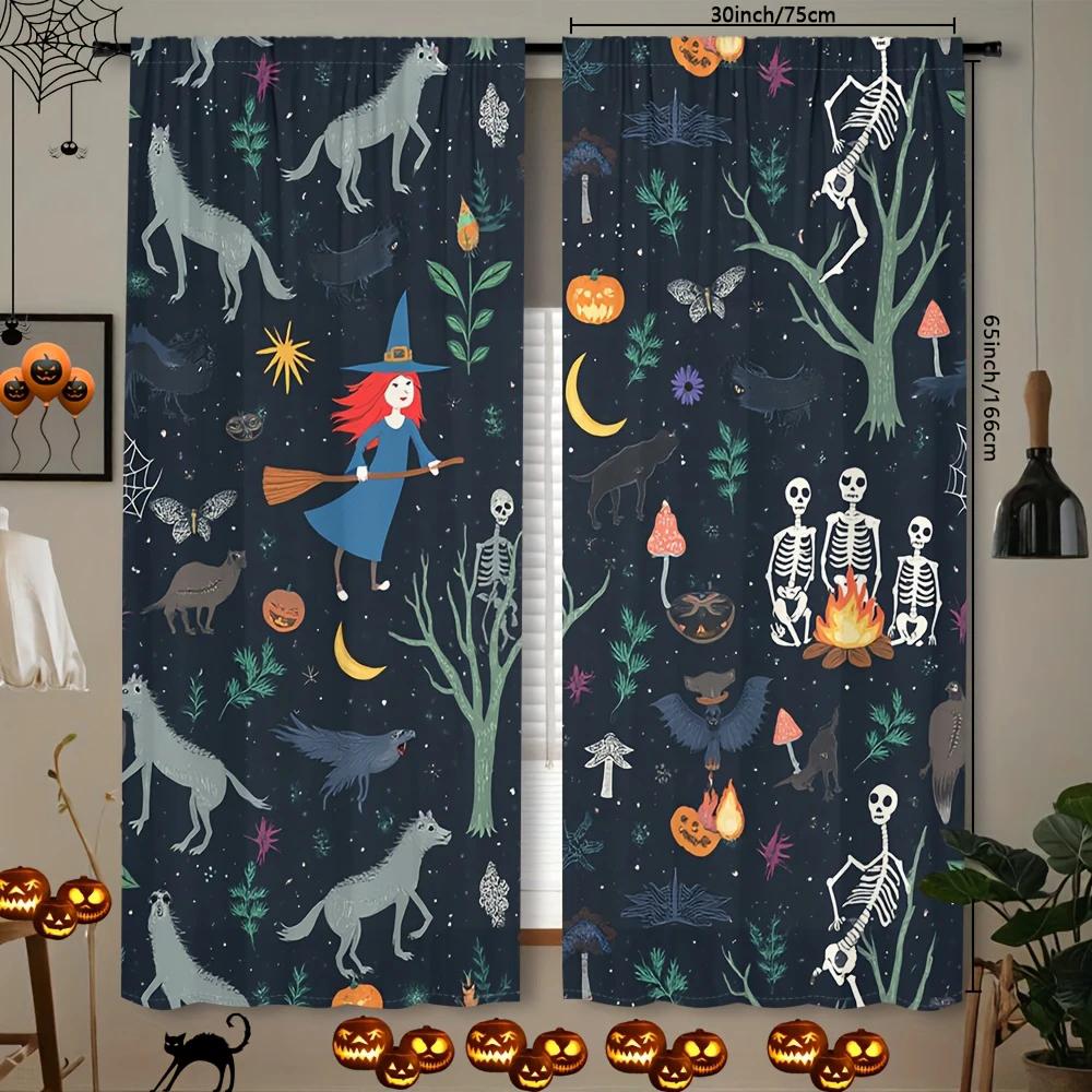 

2Pcs- Halloween Witch And Skeleton Forest Printed Curtains, Pole Bag Curtains, Home Decorations, Room Decorations 14Wx39L(35x100CM)x2