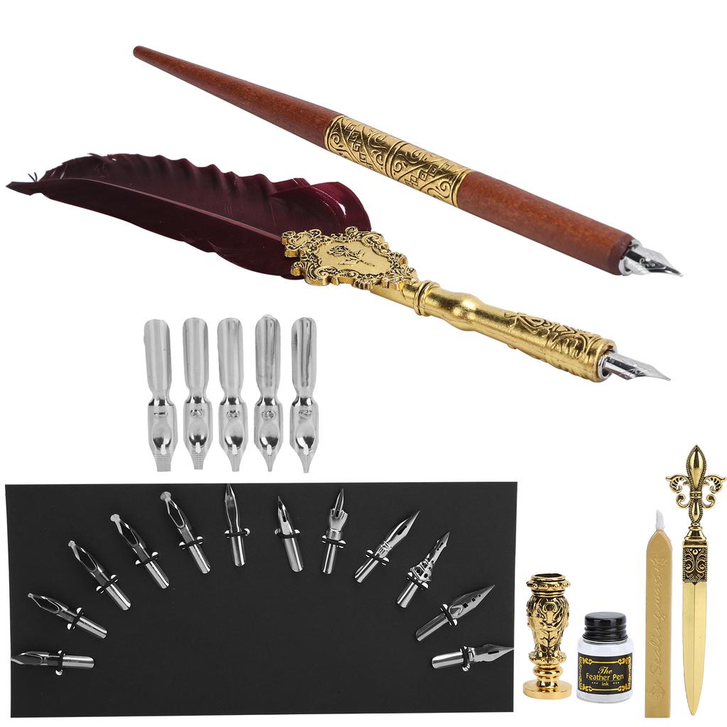 Feather Pen Set Calligraphy Writing Drawing Quill Dip Kit Vintage Art Craft CollectionSP248006R Wine Red