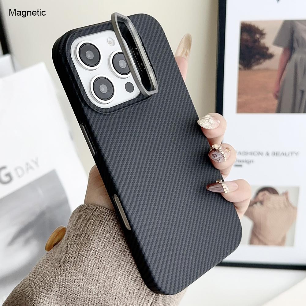 

For iPhone 16 Pro Magnetic Case 600D Fine Carbon Fiber Texture Kickstand Phone Back Cover Black