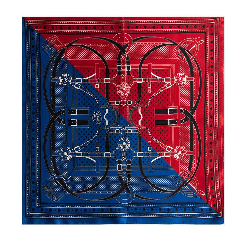 Elegant Autumn Red & Blue Patchwork Mulberry Silk Scarf - Versatile Women's Fashion Accessory