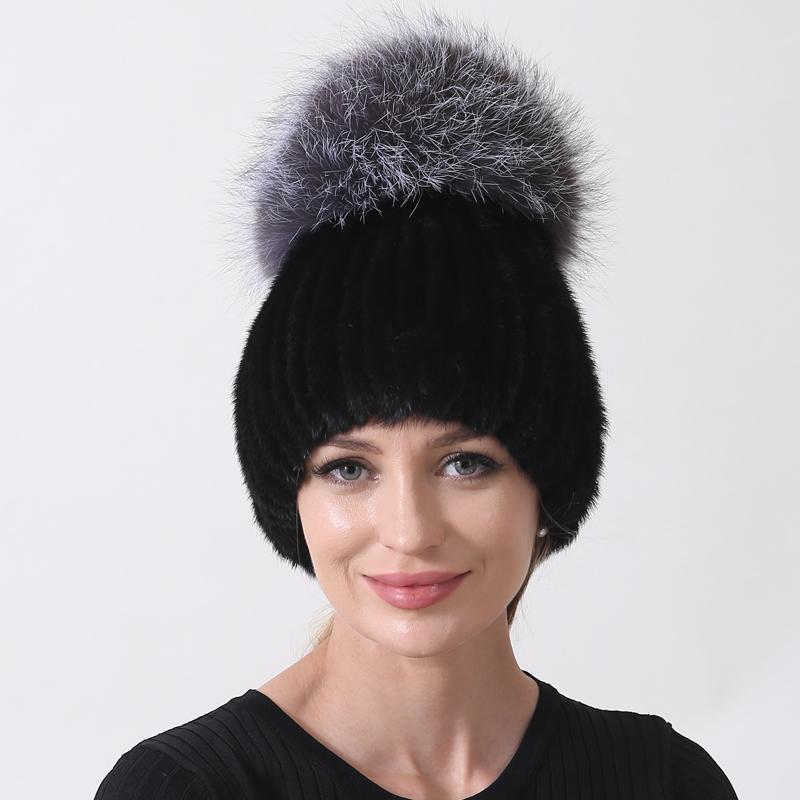 Women's Mink Fox Fur Winter Hat Striped Knitted Beanie with Pompom, Warm Fashionable Trapper Cap for Cold Weather