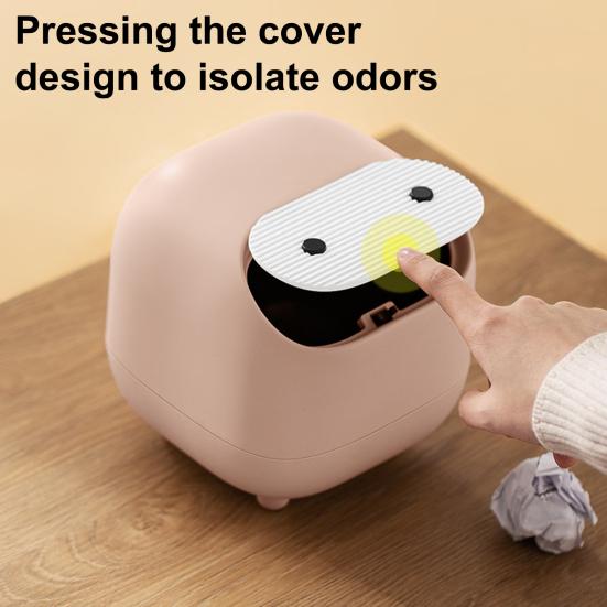 Desktop Trash Can with Folding Cover Press-Type Opening Mechanism Compact Size Cartoon Shape Trash Bin