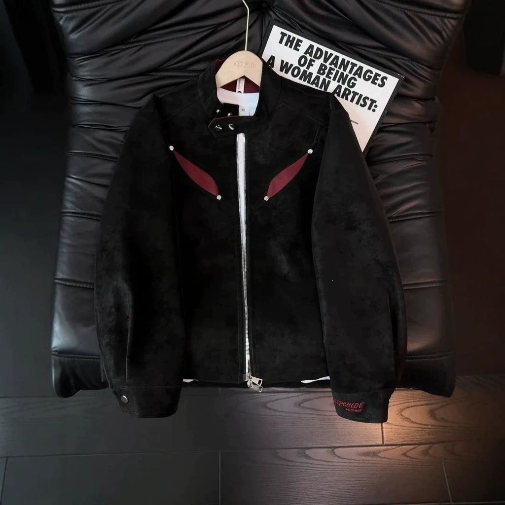 American deconstructed leather jacket men's autumn splicing contrasting color stand-up collar baseball jersey short jacket