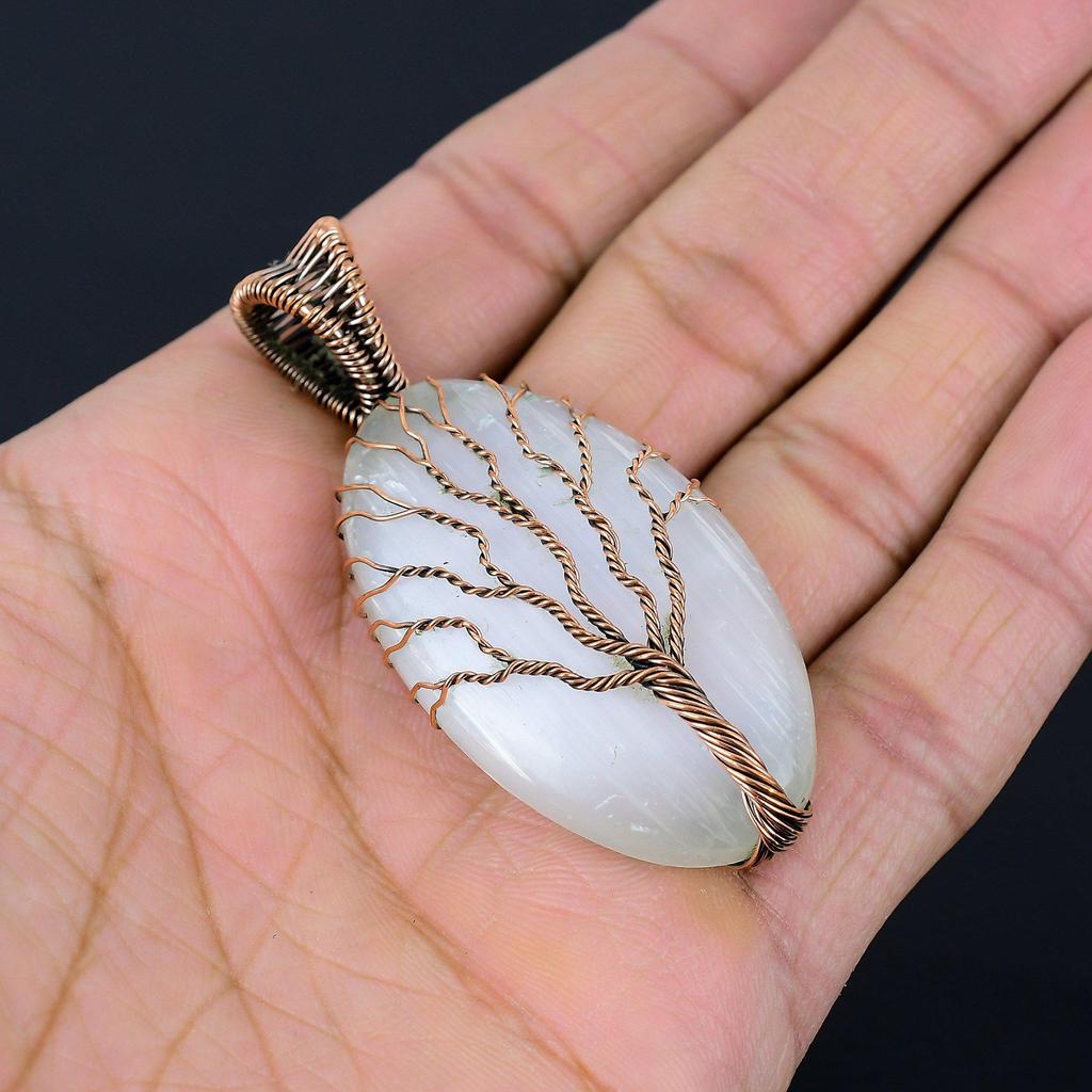 Piedra Preciosa de Selenita Hecho a Mano Envoltura de Alambre de Cobre Puro Joyería Colgante Para Mujer