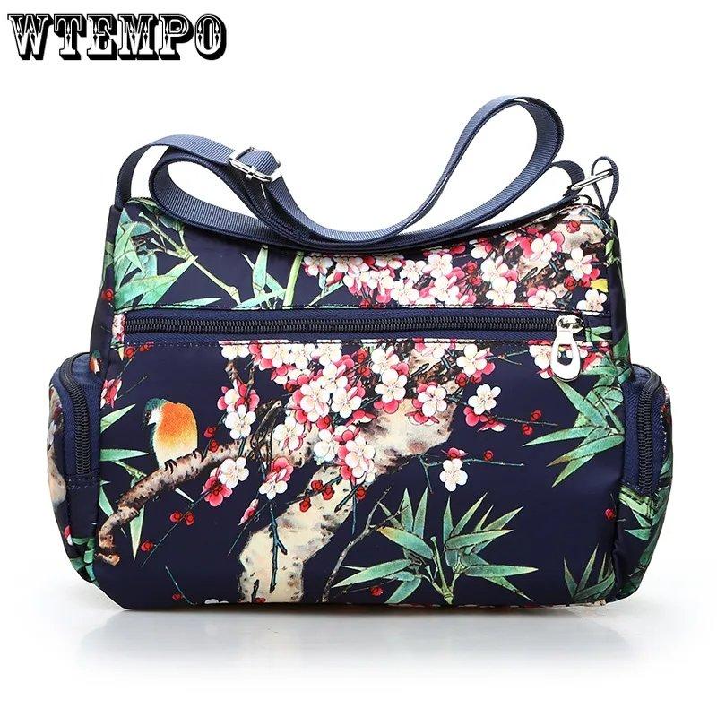 WTEMPO Kvinner Enkel Skulderveske med Blomstertrykk i Landlig Stil Europeisk og Amerikansk Stil Vintage Lettvekts Glidelås Messenger-vesker