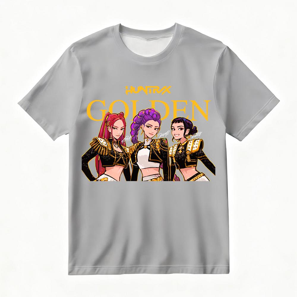 Women's oversized Huntrix gold cartoon character printed T-shirt, a must-have for summer street fashion KPop demon hunter style