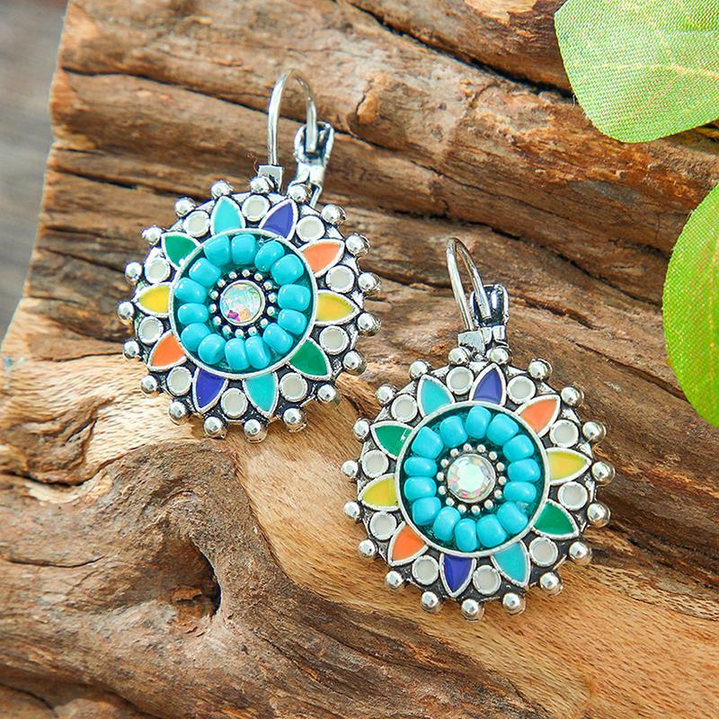 Vintage Ethnic Colorful Drop Oil Flower Round Earrings for Women Boho Elegant Rice Wooden Beads Dangle Earrings Jewelry Gift