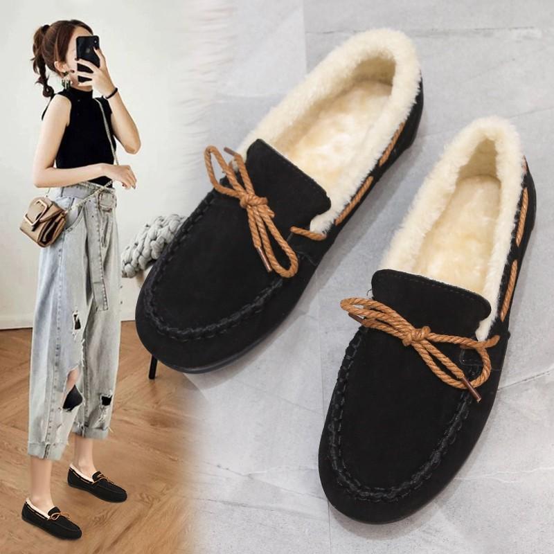 Doudou shoes single shoes winter new women's velvet flat-soled casual shoes lazy one-pedal cotton shoes tide