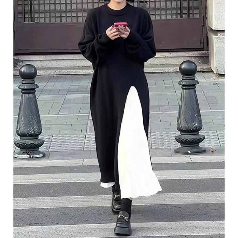 Retro loose lazy wind pullover solid color knee long split knit crew neck sweater skirt