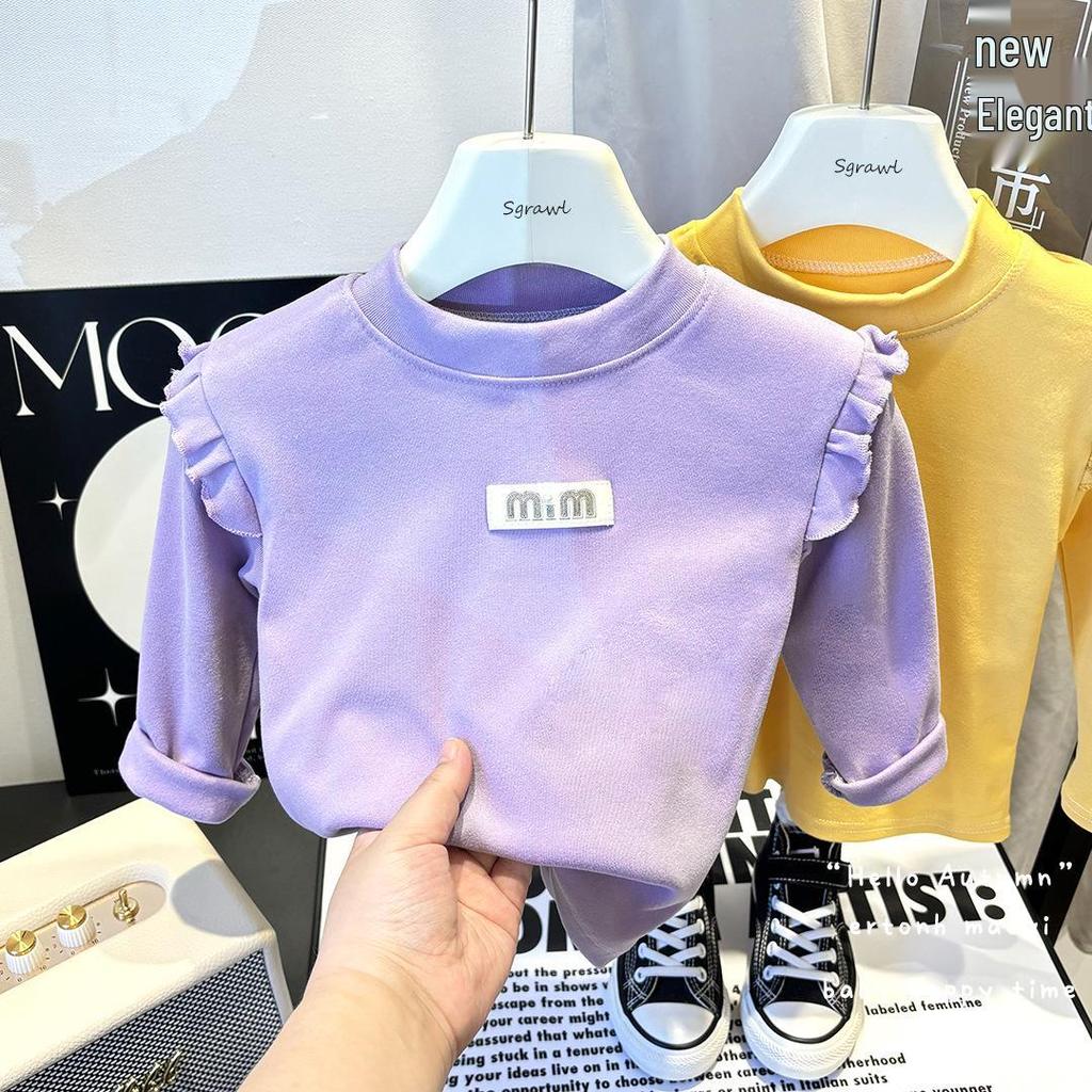 Girls' Autumn/Winter Velvet Fly Sleeve Top - Korean Style Semi-High Neck for Middle & Big Girls