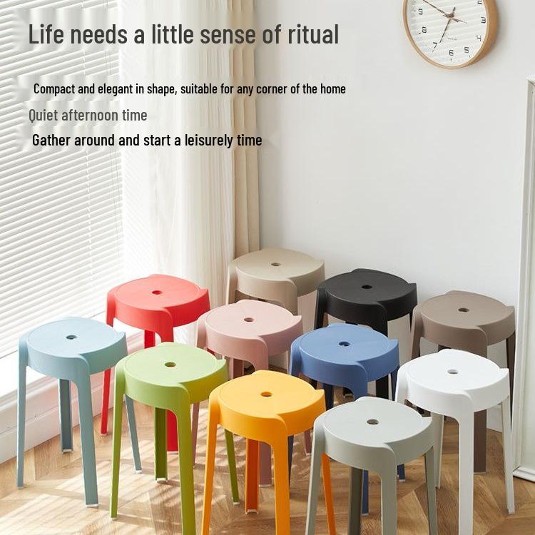 Stackable Modern Round Plastic Dining Stool with Storage - Creative, Simple, and Thickened Design for Living Room