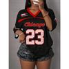Women's V-Neck Sporty Jersey T-Shirt Chicago Print Summer Casual Wear Sports Dropped Shoulder Mesh T-shirt Tops