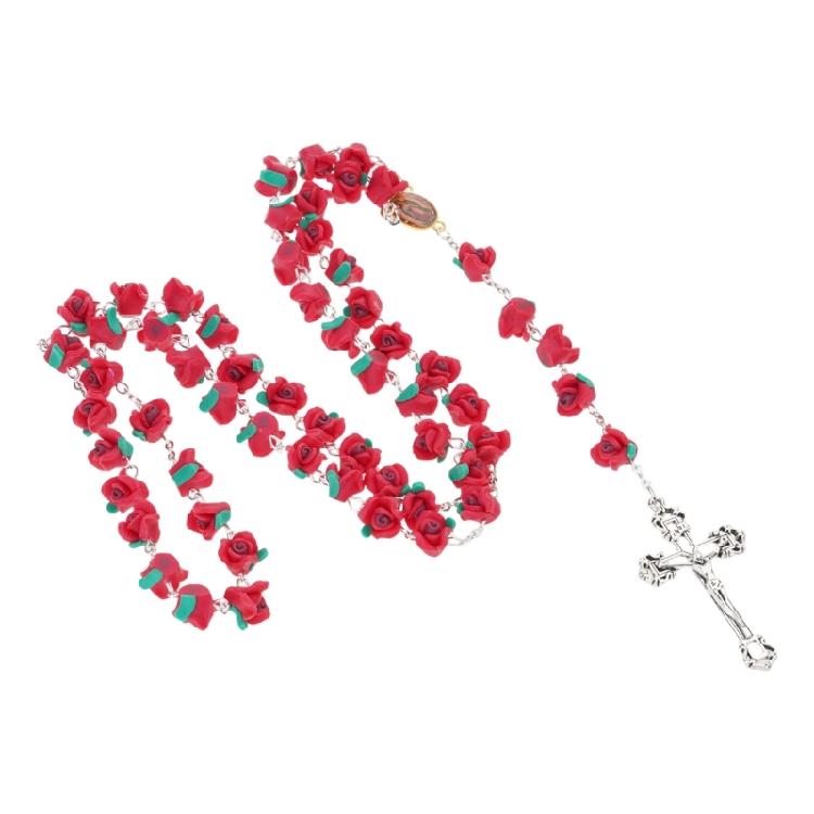 Cross Rose Beads Religious Jewelry for Women Catholic Rosary Necklace Meditation