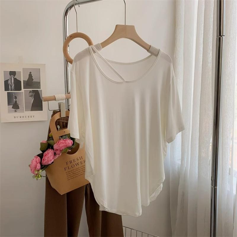 Summer New Irregular Short Sleeved Plus Size T-shirt for Women Fashion Elegant Round Neck Casual T Shirt Female Solid Simple Loose Lady Tee Tops 24287