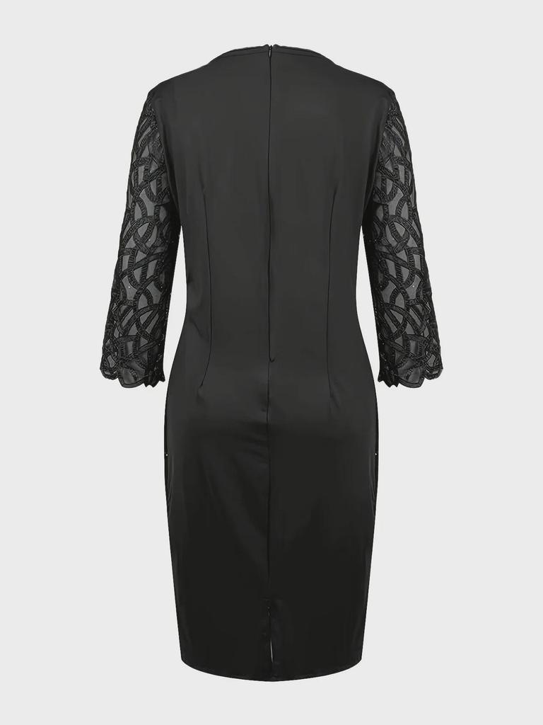 Women's European & American Round Neck Shiny Slim Party Dress with Mesh Three-Quarter Sleeves