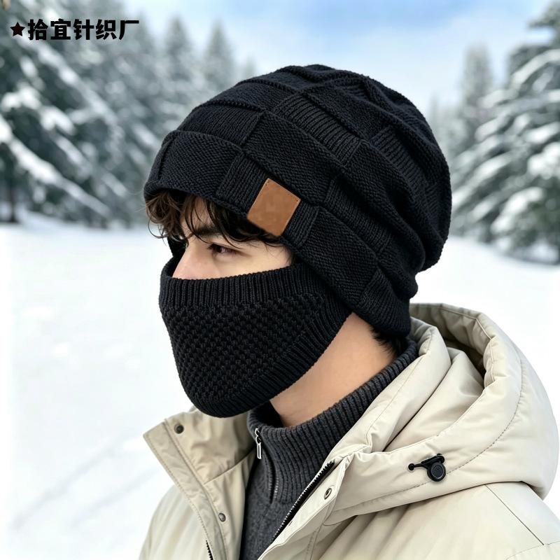 Popular warm knitted pullover hat men's and women's classic plaid winter velvet outdoor windproof wool hat tide