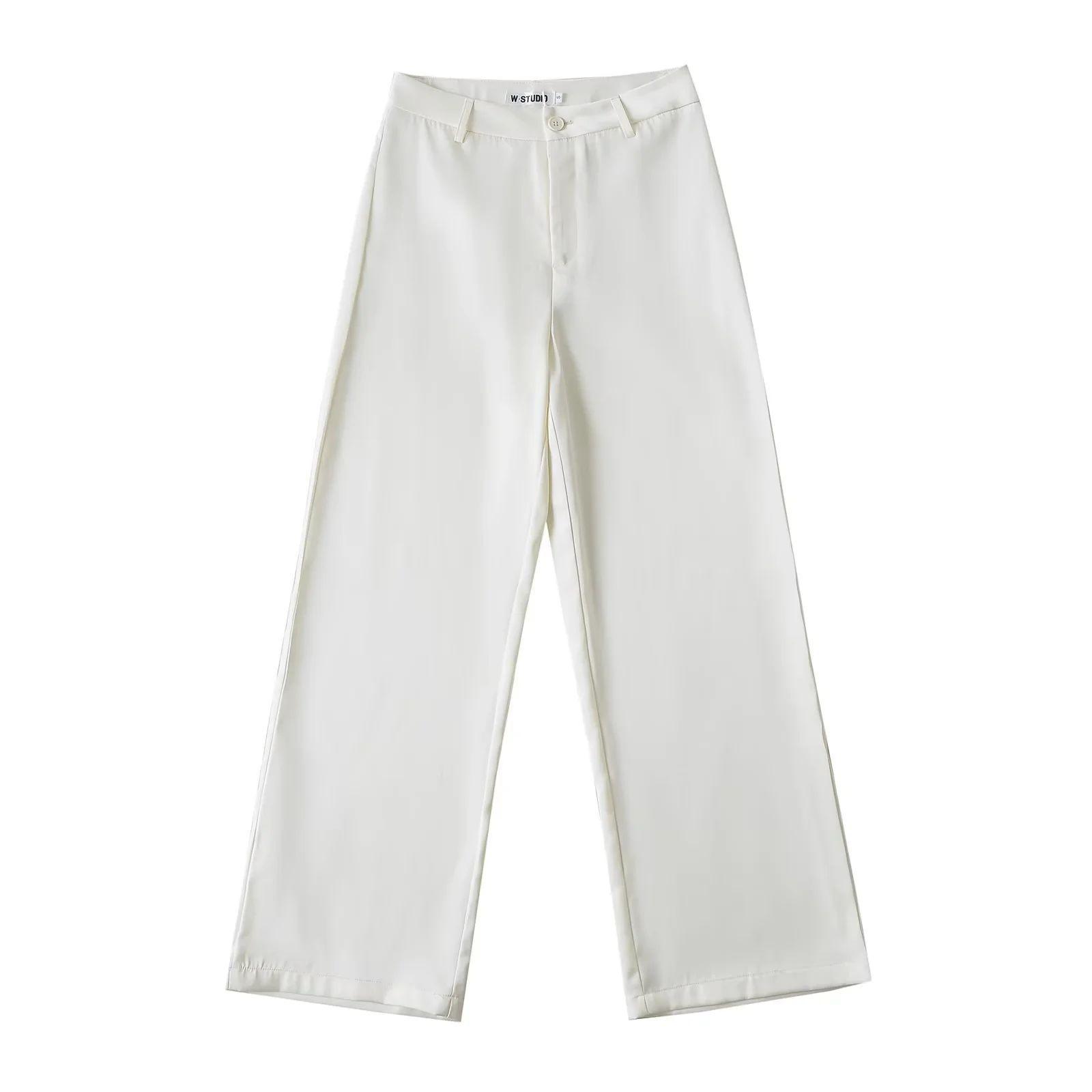 

Атласные холодные брюки для женщин, европейские и американские повседневные брюки с высокой талией, модные прямые брюки L бежевый