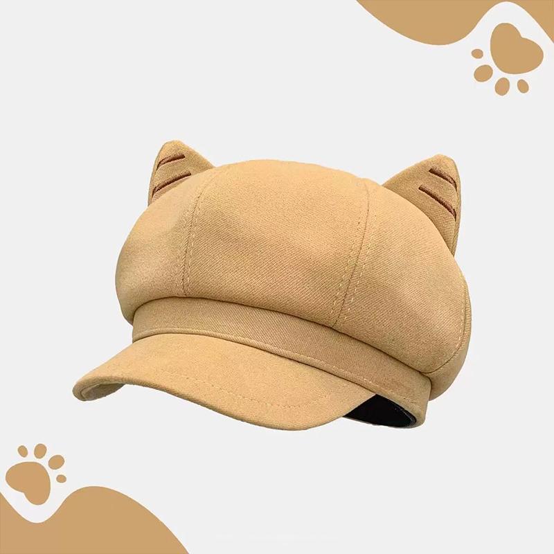 Japanese Style Cute Woolen Cat Ear Beret For Women Autumn And Winter Duckbill Octagonal Hat
