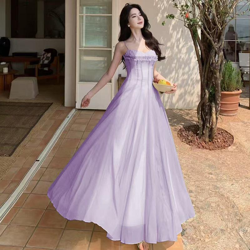 Französisches Netz-Hosenträgerkleid Fee Sommer Super Fee Temperament Hohes Niveau Meeresurlaub Strand Langes Kleid