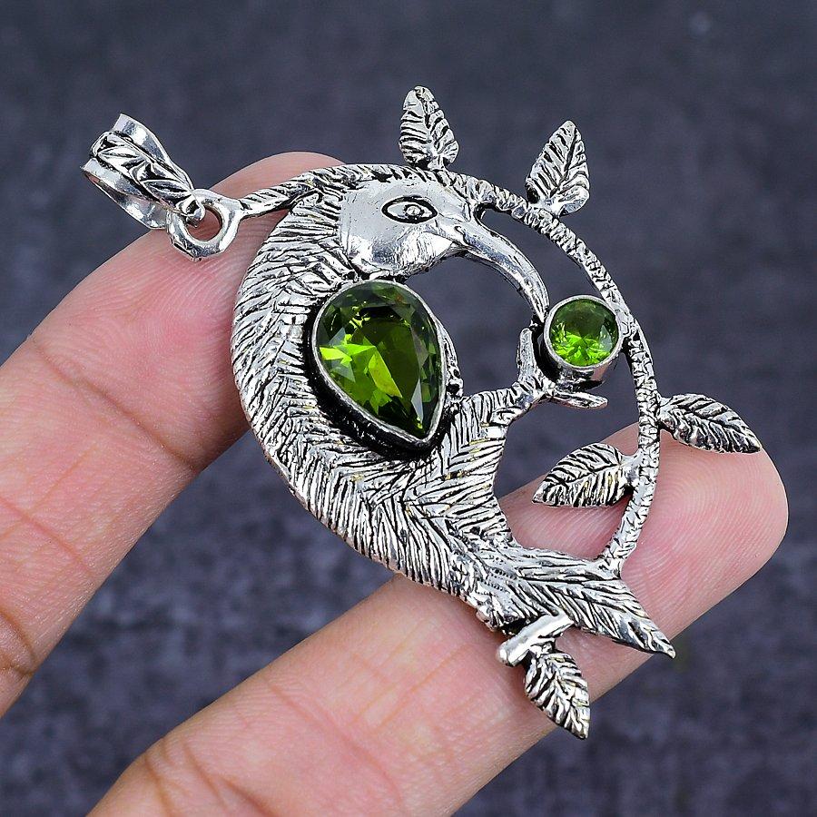Natural Peridot Gemstone Handmade 925 Sterling Silver Jewelry Pendant 2.56" L1m78