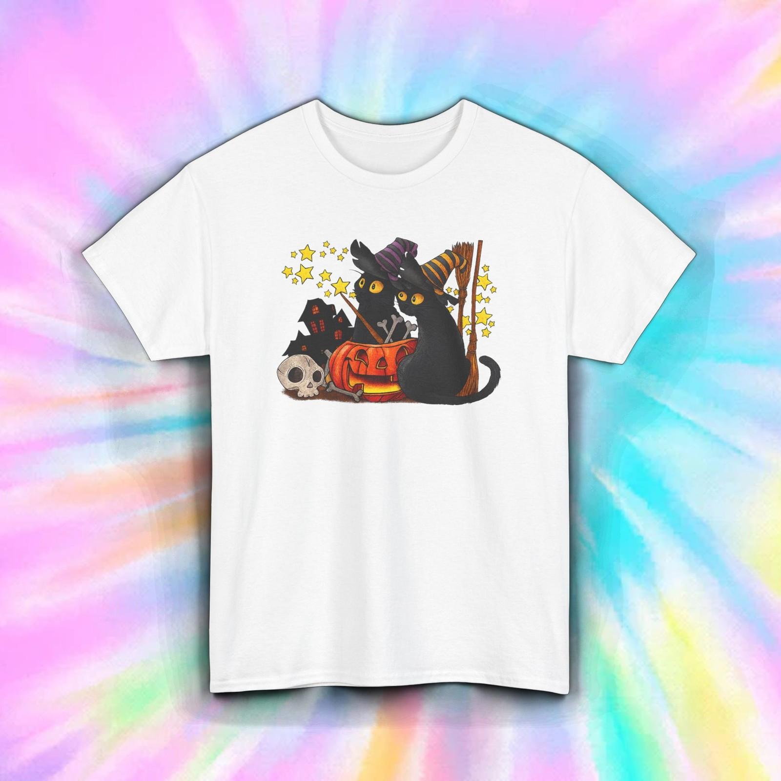 Cute Halloween Cat Shirt Witches Black Cats Pumpkin Stars Fall Tee S–5XL M