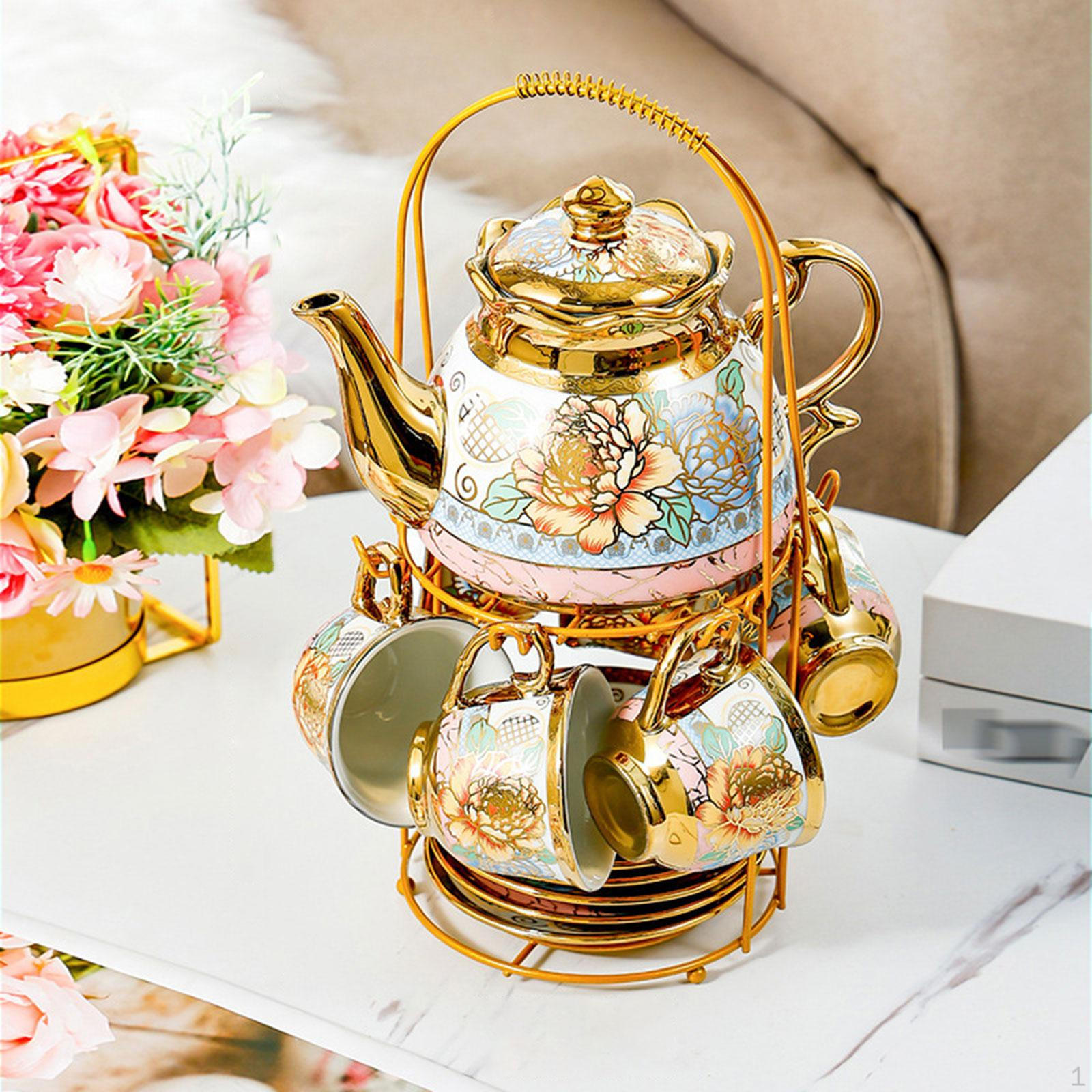 Ceramic Tea Set Teapot Elegant Birthday Gift with Metal Rack Floral Pattern Coffee Mug