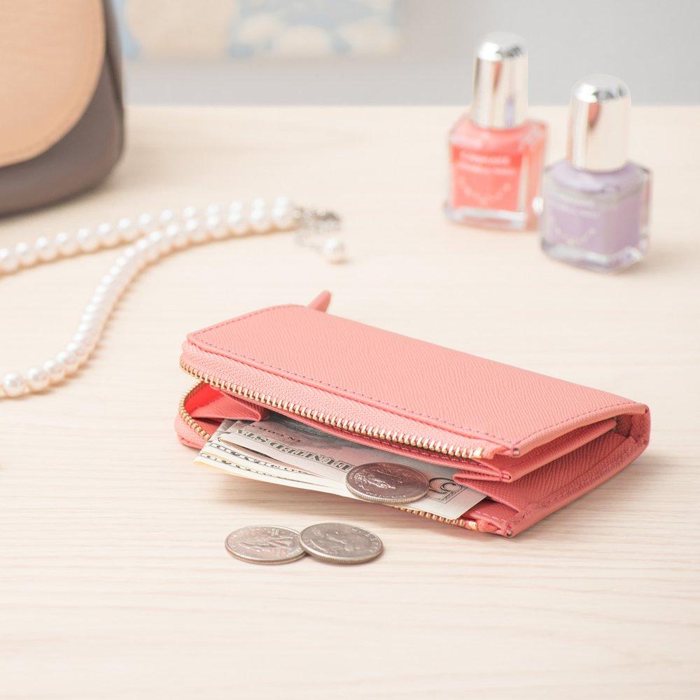 Corale Women's Leather Coin Purse, Compact Wallet with Card Case and L-Shaped Zipper (Camel Brown)