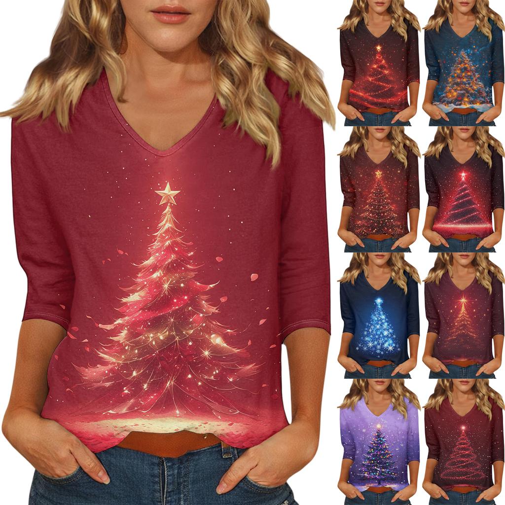 Women's Casual Fashionable Sexy Comfortable V-Neck Christmas Three-Quarter Sleeve Top