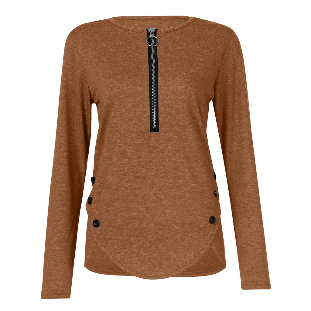 Womens Casual  Zipper Longsleeved Neck Button Tshirt Top