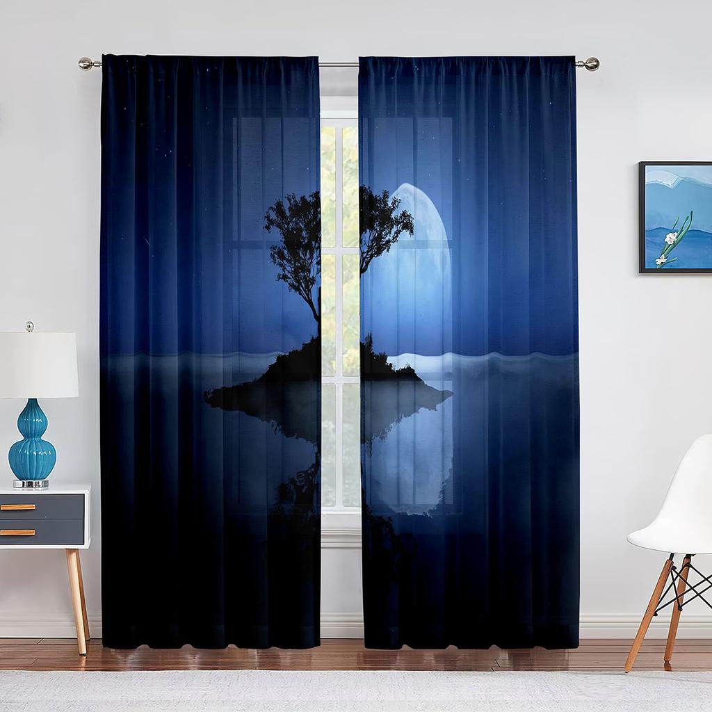 Full Moon Fantasy Starry Sky Night Scene Tulle Curtains for Living Room Bedroom Kitchen Decor Sheer Voile Curtain Organza Drapes