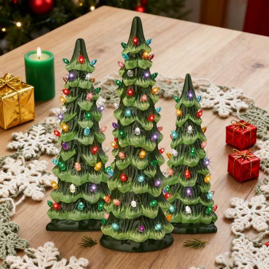 Pre-lit Hand-Painted Resin Tabletop Christmas Tree Small Light Up Holiday Tree Decoration for Home Party Decor