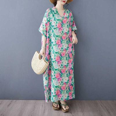 Summer Color Travel V-neck Retro Long Skirt Cotton Linen Dress