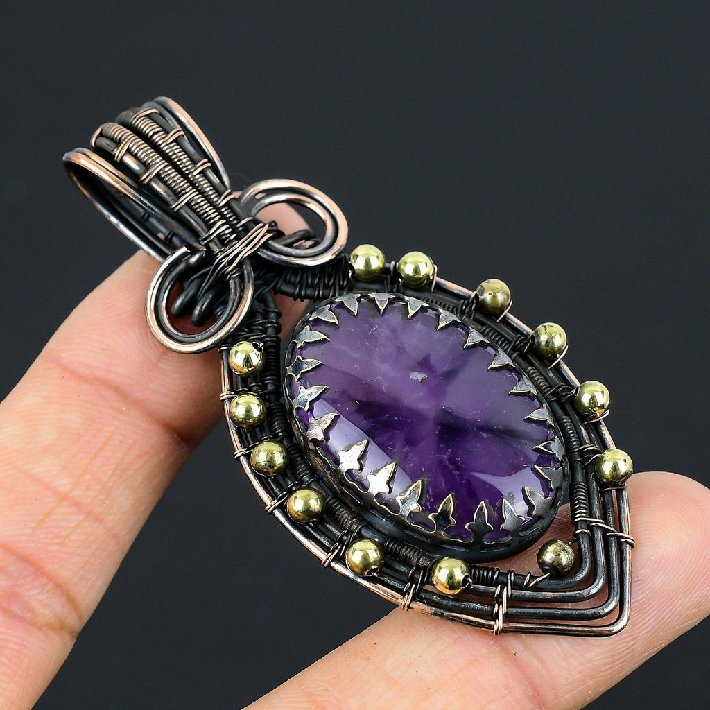 Bijuterii unice de ametist cu sârmă de cupru pur cu pandantiv lucrate manual