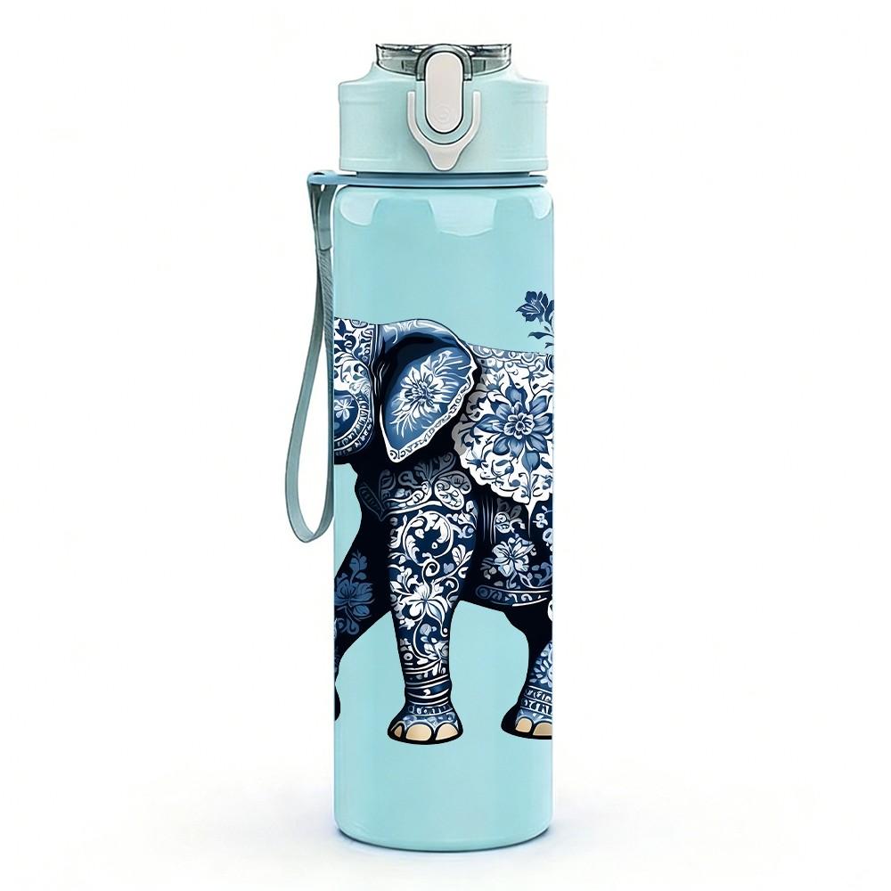 1PC Asian Elephant Wildlife Pattern 750ml Color Plastic Sports Water Bottle Leakproof Flip Straw Lid Suitable for Sports Office Home Use