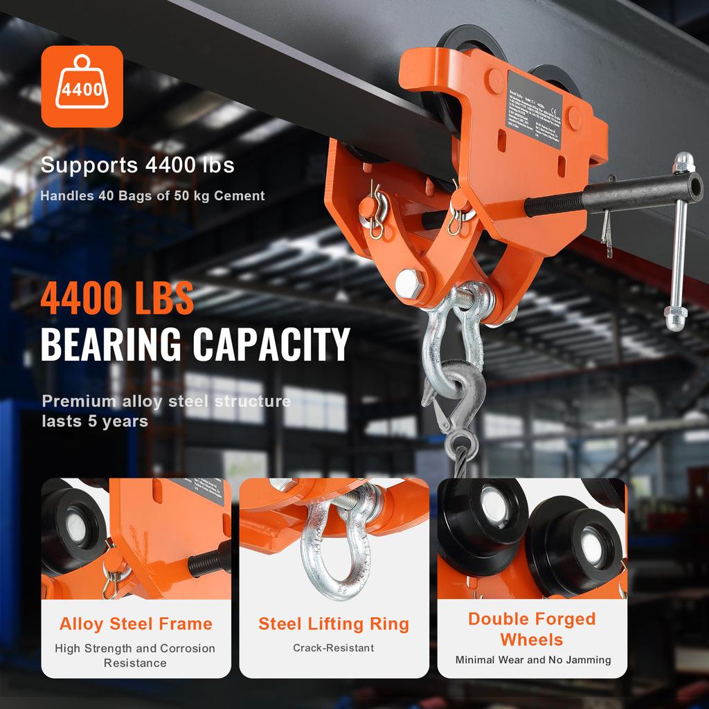 SucceBuy 2T Push Beam Trolley with Dual Wheels Alloy Steel Garage Hoist for Straight Curved I Beam Flange Width 2.8"-6.7"