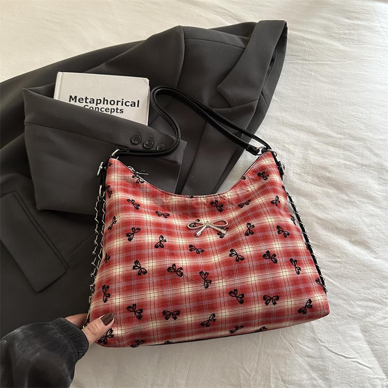 Korean version of foreign style plaid chain casual shoulder bag 2025 autumn and winter new bow messenger tote bag backpack