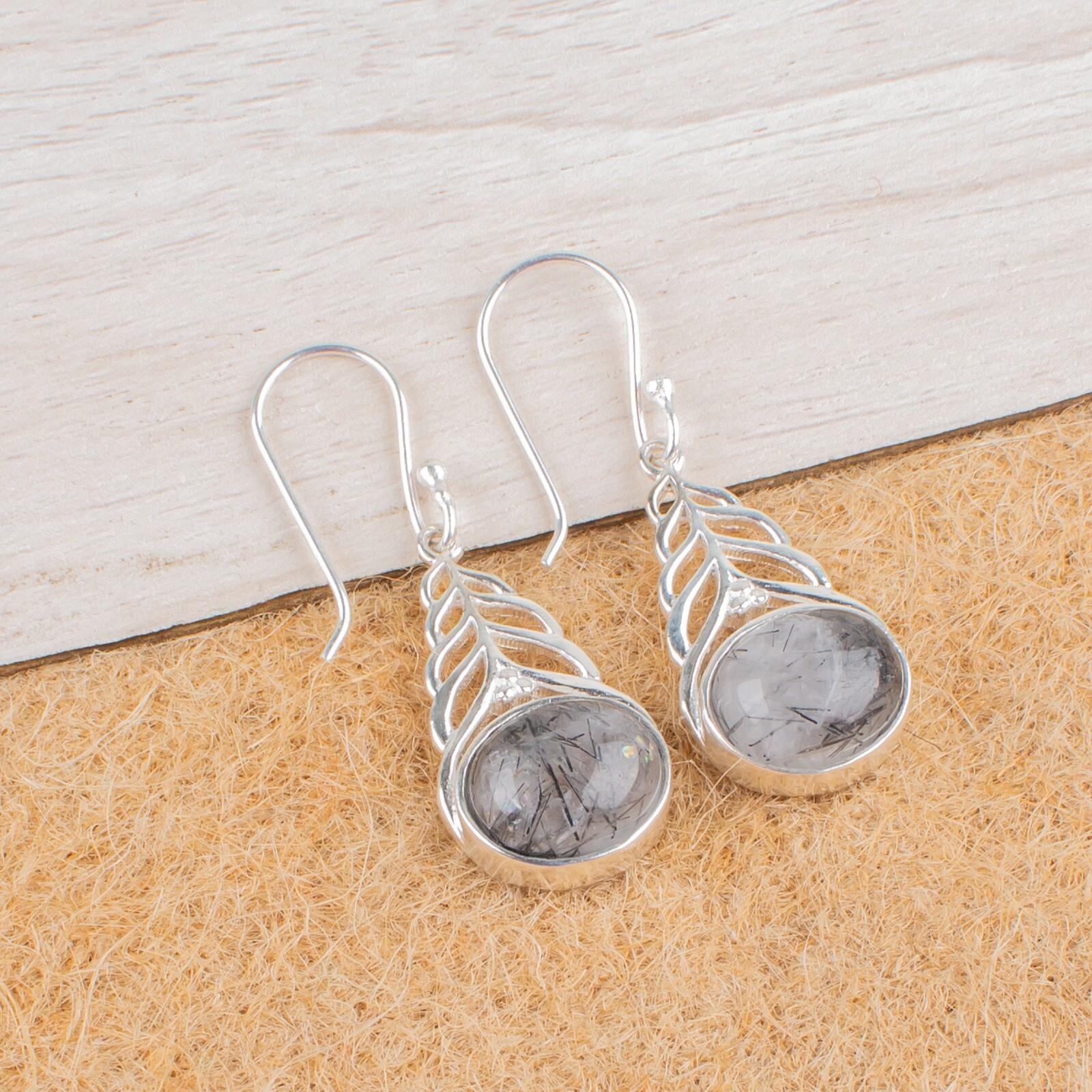 

Natural Black Rutile Gemstone 925 Sterling Silver Jewelry Dangle Earrings 1.64 CE-1-26