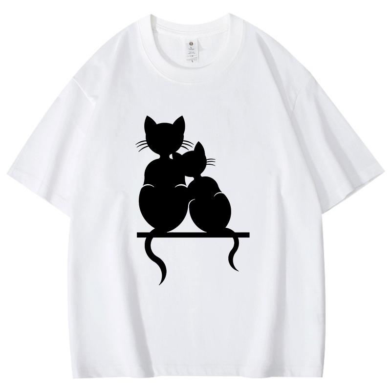 Cat Cuddling Together Pattern Unisex Women Cotton TShirt Fashion Short Sleeve Casual Summer Street Simple Loose Tops Neutral Tees