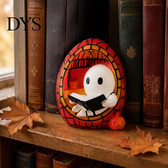 Holiday Collector Statue Halloween Reading Ghost Decorative Lamp, Cute LED Night Light, Small Retro Healing Lamp Spooky Atmosphere for Bedroom Bedside