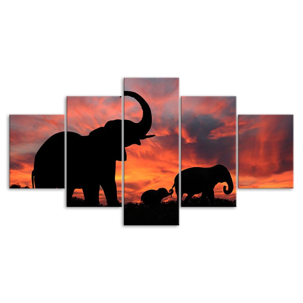 Elephant Silhouette Beautiful Sunset Scenery 5 Piece Canvas Wall Art Multi Panel Print Modern Poster Home Decor Picture Gift For Him For Her