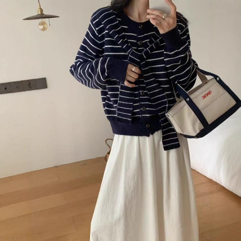 Fake Two-piece Striped Knitted Cardigan for Women's Autumn and Winter New Design Sense Casual Loose Sweater Jacket for Women