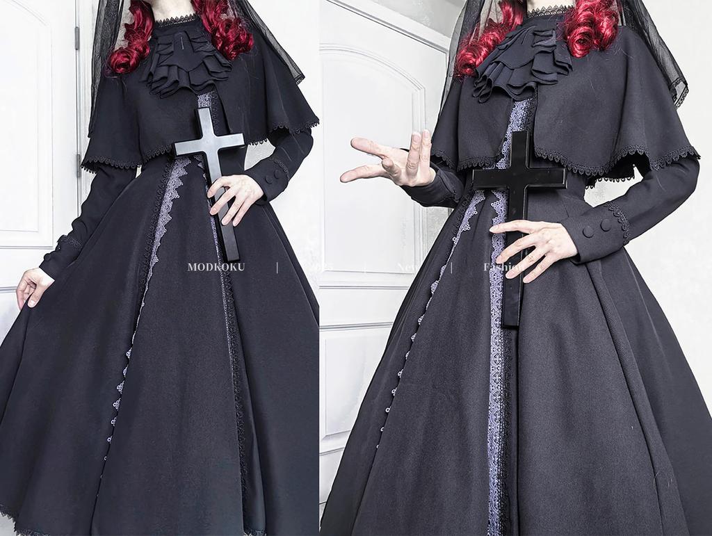MODKOKU Gothic Lolita Dress with Ribbon and Lace Gothic Lolita Girly Long XL Cape-Style Dress, Women's Waistband, Ruffles, Long, Dress, Dreamy, Cute,