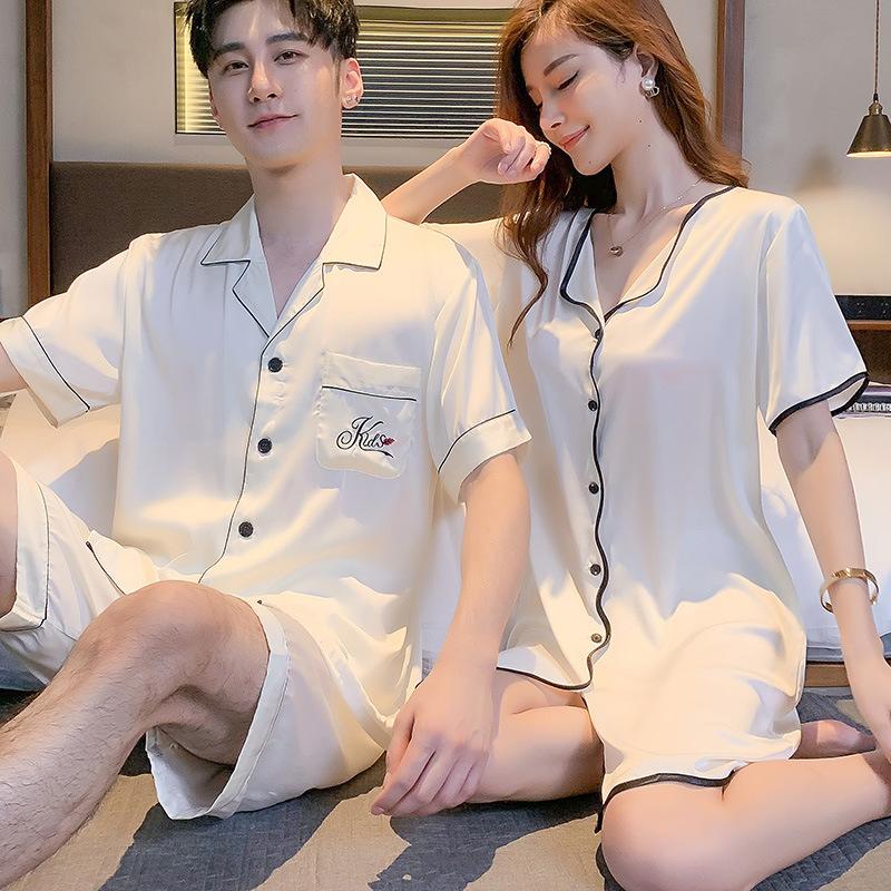 Couple pajamas women's spring and summer ice silk short-sleeved nightgown thin men's cardigan can be worn outside loungewear suit summer
