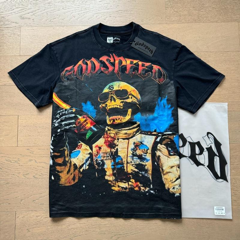 Godspeed retro printing foreign trade beauty tide high street men and women casual trend hip hop apricot old short sleeve T-shirt